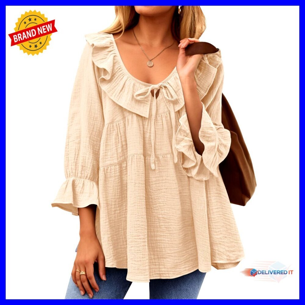 Scoop Neck Ruffle Tunic Top Loose Fit Tie Front Casual Blouse Fall Outfit